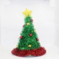 Festive green tinsel Christmas tree hat with red ornaments and a yellow star topper - One Size / Christmas Tree Style 1