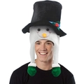 Cute snowman plush earflap hat with black top hat and green mittens for Christmas - Snowman Smile Green Feet