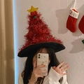 Red tinsel Christmas tree hat with yellow star topper and colorful festive pompoms - One Size / Red Christmas Tree Style