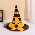 Halloween witch hat featuring black and orange stripes with a large yellow flower and sequins - Floral Yellow