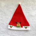 Red Christmas hat featuring plush white trim and 3D reindeer doll with holly leaf decor - Adult Reindeer