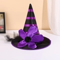 Purple and black striped witch hat featuring a large satin flower and mesh veil - Flower Purple