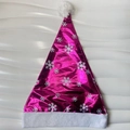 Purple metallic Christmas hat with white snowflake prints and plush trim for holiday parties - Rose Red (Classic Snowflake)