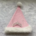 Bonnet de Noël en velours rose avec bordure en peluche blanche et couronne argentée - Couronne Rose