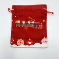 Red velvet Christmas drawstring gift bag with festive Santa Claus and reindeer train print - Red Train Santa Claus