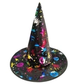 Détail du chapeau de sorcier d'Halloween avec imprimés métallisés de citrouilles - Chapeau de Chauve-souris Multicolore