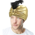 Golden exotic turban with metallic finish featuring a black feather and gemstone brooch - One Size / As Shown