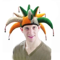Detail of colorful clown hat with shiny sequins and small metal jingle bells on top - Jester Hat