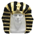 Front view of an ancient Egyptian Pharaoh Nemes headpiece with black and gold stripes - Pharaoh Hat