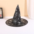 Spitzer schwarzer Hexenhut mit weißem Spinnennetzmuster für Halloween Kostüme und Partys - Silber Spinnennetz Stil