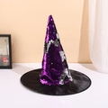 Sombrero de bruja con lentejuelas moradas y plateadas y ala de satén para Halloween - Sombrero de Bruja de Lentejuelas Reversibles Púrpura / Morado