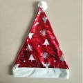 Red shiny Christmas hat with white festive patterns and soft plush brim and pompom - Red Christmas Tree