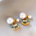Elegant vintage rocking horse stud earrings with large white pearls in gold finish - Enamel Blue Pony Pearl Earrings