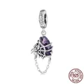 S925 sterling silver spider charm pendant with water-drop purple zircon and web detail - Spider Web Teardrop Purple Zirconia Pendant (BSC913)