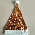 Festive gold Christmas hat with white heart patterns and plush pom-pom decoration - Gold Heart