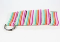 Detail eines bunten gestreiften Nylon-Canvas-Gürtels mit polierten Doppel-D-Ring-Schnallen - Helles Mehrfarbig Gestreift