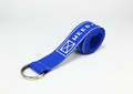 Detail of blue canvas belt with double D-ring metal buckle and white letter weaving - Blue