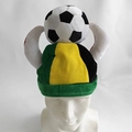 Green and yellow plush soccer hat with black and white football and horns - Horned Football Hat
