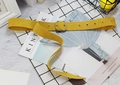 Detailed close-up of ginger yellow suede belt with gold square buckle and eyelet metal holes - Yellow