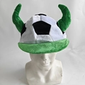 Funny football themed fan hat with green horns and plush black white soccer pattern - White Sun Hat Horns