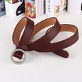 Detail of dark brown faux leather belt with a silver circular buckle for jeans - Round Buckle Coffee / 102cm