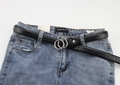 Close-up of black leather slim belt with silver double O-ring buckle on denim jeans - Black (Silver Buckle)