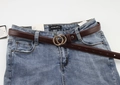Detail of vintage brown PU leather belt with gold double ring buckle on blue jeans - Coffee (Gold Buckle)