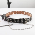 Punk style black PU leather double grommet belt with silver metal chain and double pin buckle - Double Eyelet With Detachable Chain / Black