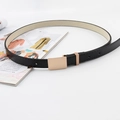 Close-up of minimalist black skinny belt with a smooth golden rectangular buckle - Pearl Gold Square Plate Buckle (1.8 Oil Skin)