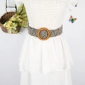 Detail of woven bohemian belt with round wooden buckle on white pleated dress - Multicolor Faux Woven Round Buckle