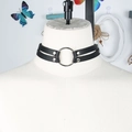 Collier double en simili cuir noir style punk avec anneau argenté et rivets en métal - Style Double Sangle à Grand Anneau