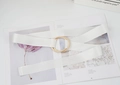 Détail d'une ceinture en toile blanche avec boucle double anneau dorée sur magazine - Blanc