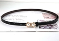 Close-up of black leather slim belt with dual pearl decorative gold buckle for dresses - Star Pearl / Black