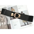 Women's black wide elastic waist belt with gold round buckle for coats and dresses - Black
