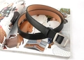 Close-up of black leather belt with silver square buckle on a fashion magazine - 105cm / Square Buckle No Hole (Black)
