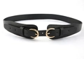 Detailed view of black faux leather belt featuring elegant double golden D-ring buckles - Black