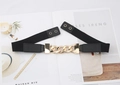 Close-up of black elastic waist belt featuring a large gold chain buckle and snap buttons - 3CM Smooth Edge Chain (Gold)