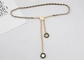 Close-up of golden metal chain belt with black leather weaving and white pearl detail - Gold With Black Woven (Oval Pearl)