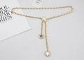 Detail of gold chain belt with white faux leather weave and pearl flower pendant - Gold With White Woven (Oval Pearl)