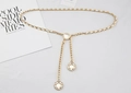 Detail view of gold chain belt with white leather weaving and floral charm pendants - Gold With White Woven (Round Pearl)