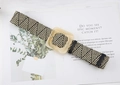 Detail view of woven straw belt with geometric pattern and amber square resin buckle - Color Block