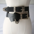 Vintage black elastic wide belt with ornate gold metallic buckle on a white dress - Black Metal Carved Double Buckle Style