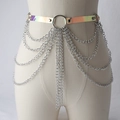 Holographic PU leather waist belt with multilayered silver metal chain tassels - Holographic Multilayer Chain Style (498)