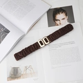 Detail of dark brown elastic waist belt featuring a vintage gold double oval buckle - O-Shape Buckle (Coffee)