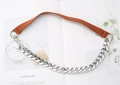 Detail view of silver metal chain joined with brown nylon webbing and lobster clasps - Silver Chain Khaki Belt