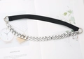 Detail of black elastic belt featuring thick silver Cuban metal chain and round ring hooks - Silver Chain Black Belt