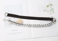 Detail of detachable shoulder strap with brown woven webbing and chunky silver metal chain - Silver Chain Coffee Belt