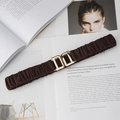 Detailed view of brown elastic waist belt featuring a classic golden double D-ring buckle - D-Shape Buckle (Coffee)