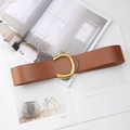Vintage breiter brauner Ledergürtel mit großer goldener C-Schnalle für Damenkleider - Khaki