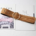 Brown suede-like waist belt featuring a gold bamboo-textured round buckle on fashion books - Khaki
